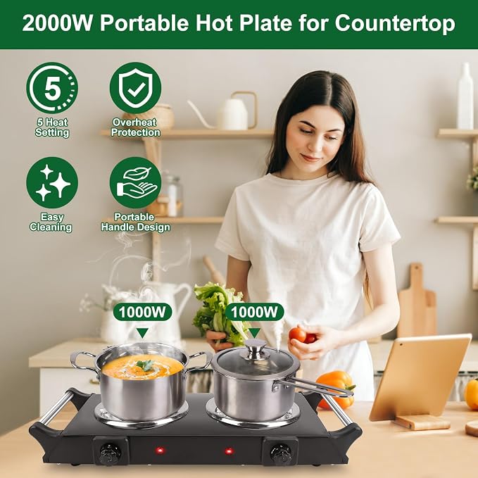 Portable Stove Electric, 2000W Double Burner Electric Cooktop with Coil Hot Plate & Stay Cool Handles, 5 Level Temperature Control, Cooking Stove for Home RV Camping
