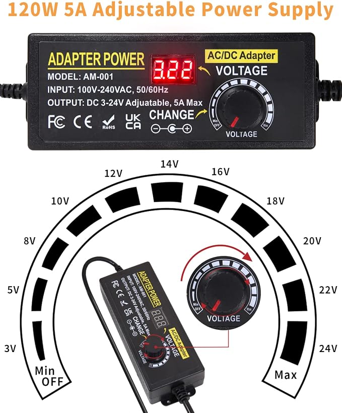 3V~24V 120W 5A Adjustable DC Power Supply AOYADAISU Universal Power Adapter with 14 Tips & Polarity Converter, 100-240V 50-60Hz Variable AC to DC Power Converter for LED Strip Light Camera 5000mA