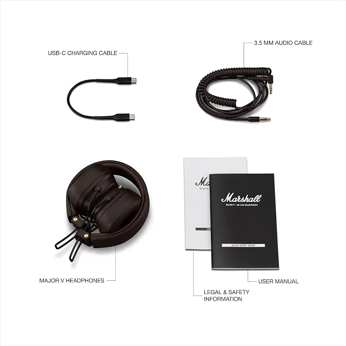 Marshall Major V Wireless On-Ear Bluetooth Headphones - 100+ Hr Playtime | Detachable Audio Cable | Microphone for Calls | Lightweight, Foldable Design for Travel - Brown