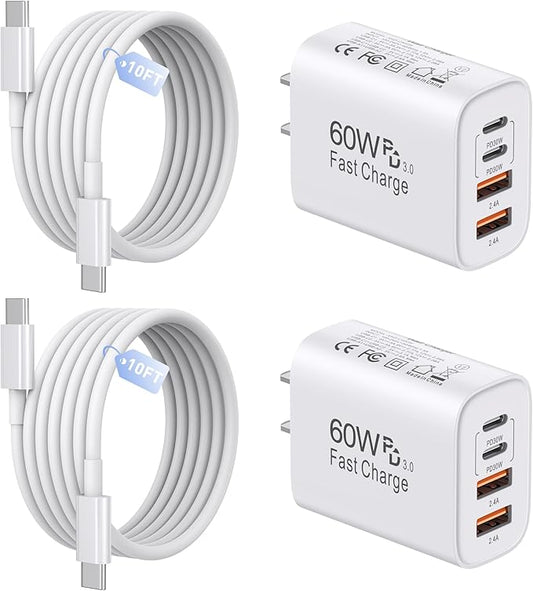 60W USB C Charger,2Pack 10FT iPhone 17 Pro Max Charger Fast Charging,4Port USB-A USBC Charger Block with 10ft USB C Cable Cord for Apple iPhone 17 Pro Max/17 Air/16 Pro Max/15 Plus/16/iPad,AirPods