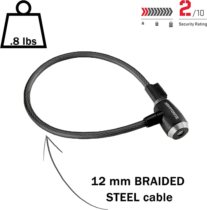 Kryptonite KryptoFlex Bike Lock Cable, 2FT/6FT/10FT Long 12mm Thick Heavy Duty Braided Steel Cable Anti-Theft Security Lock for Outdoor Equipment, Combination/Key Bike Lock