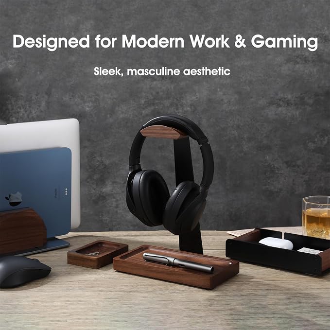 Walnut Headphone Stand, Wooden Headset Stand for Desk, Wood Gaming Headphone Holder with Storage Base for Airpod max, Bose, Razer, Sennheiser, Jabra, JBL, AKG, Vintage Gift for Men, Black