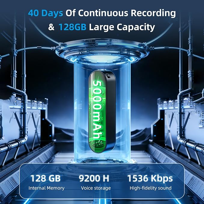 128G (9200 Hour) Magnetic Voice Activated Recorder,40 Days Continuous Recording Device,Audio Recorder with AI-Intelligent Triple Noise Reduction,Voice Recorder with Playback for Work Lectures Meeting