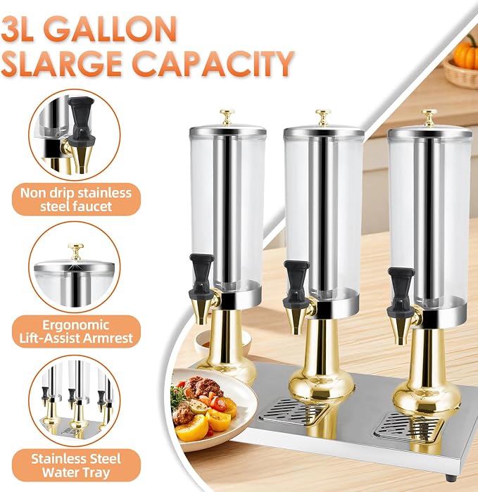 Hot and Cold Beverage Dispenser with Stand, 2.38 Gallon All-in-One Commercial Drink Dispenser with Ice Core&Stainless Steel Drip Trays for Parties, Beer Bar, Coffee (3 Head-2.38 GAL, GOLD)