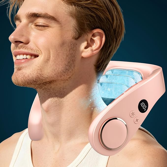 AJGJF Portable Neck Fan,1S Cool Down,5500mAh Rechargeable, 24H Max Runtime, Ultra Quiet, 5 Speeds, 3 Temp Modes, USB-C Fast Charging, LED Battery & Speed Display, Neck Coolers for Hot Weather Pink