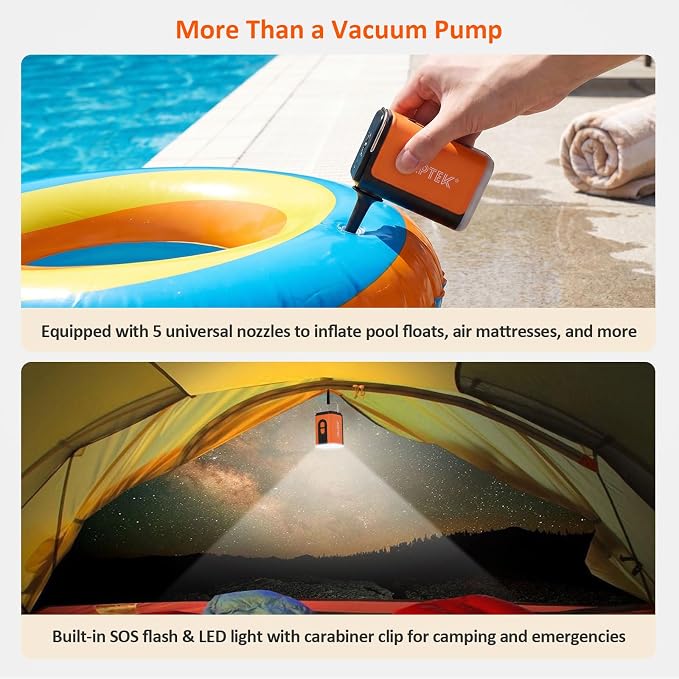 AGPTEK Travel Vacuum Bags with Mini Pump, IP67 Waterproof 2PCS Compression Bags for Carry on Luggage and Backpack, Electric Air Pump with 5 Nozzles & LED Light, Vacuum Seal Packing Cubes for Clothes