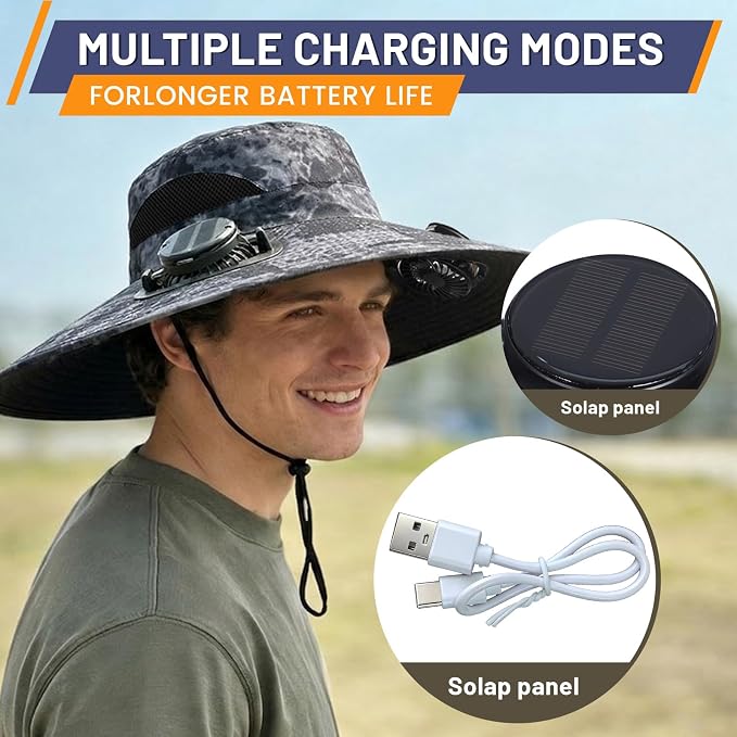 Solar Fan Hat, Wide Brim Sun Hat with 2 Built-in Solar Fans, UPF 50+ Sun Protection Outdoor Fishing Hiking Camping Beach