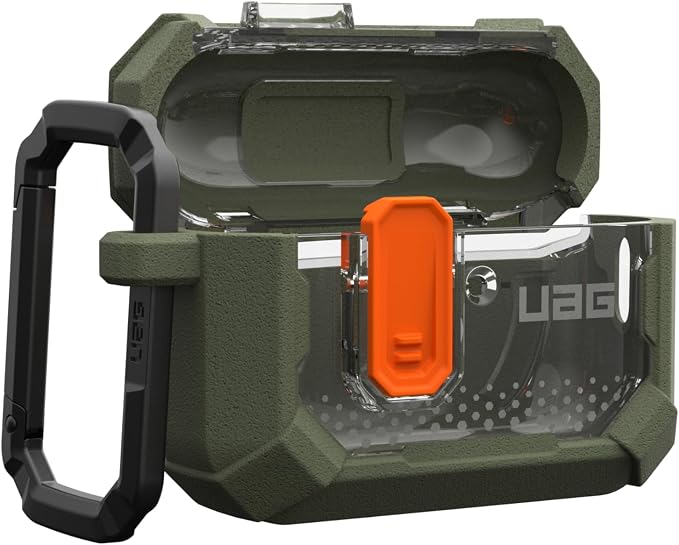 URBAN ARMOR GEAR UAG Designed for AirPods Pro 3rd Gen Case, Rugged Military Grade Drop Proof Protective Cover with Detachable Carabiner Clip & Secure Lip Closure, Plasma Olive