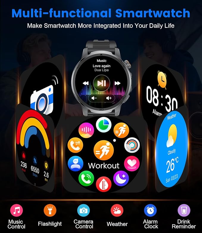 Military Smart Watch for Men Answer/Make Call, 1.85'' HD Rugged Smartwatch with 1000mAh Battery/Flashlight/Heart Rate/110+ Sports Mode, IP68 Waterproof Fitness Tracker Watch for Android iPhone