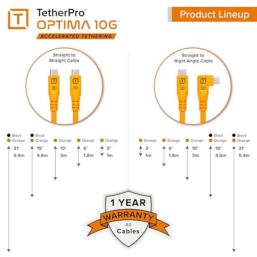 Tether Tools TetherPro Optima 10G USB-C Exclusive Data Transfer, Straight to Right Cable
