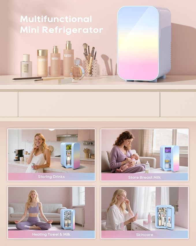 BEICHEN Mini Fridge,6 Liter / 8 Can Small Fridge for Bedroom, Car, Office & Dorm, AC100-120 V/DC 12 V Portable Thermoelectric Cooler & Warmer for Skincare, Food, Drinks,Blue