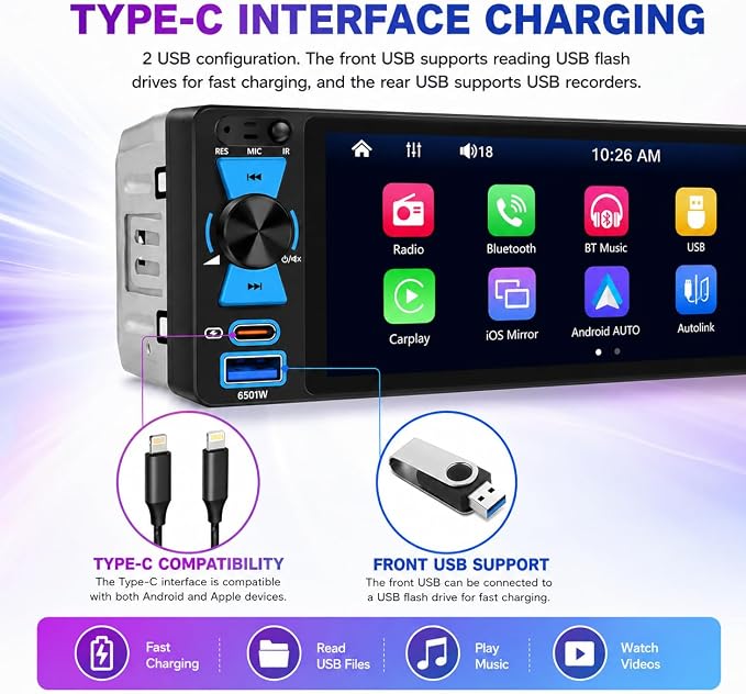 Single Din Car Stereo, 6.5 Inch in-Cell Touch Screen, Wireless Apple CarPlay Android Auto, Bluetooth 5.2, 180W Amplifier, Car Radio, Dual USB + Type-C, Backup Camera, Universal Fit for One Din Cars