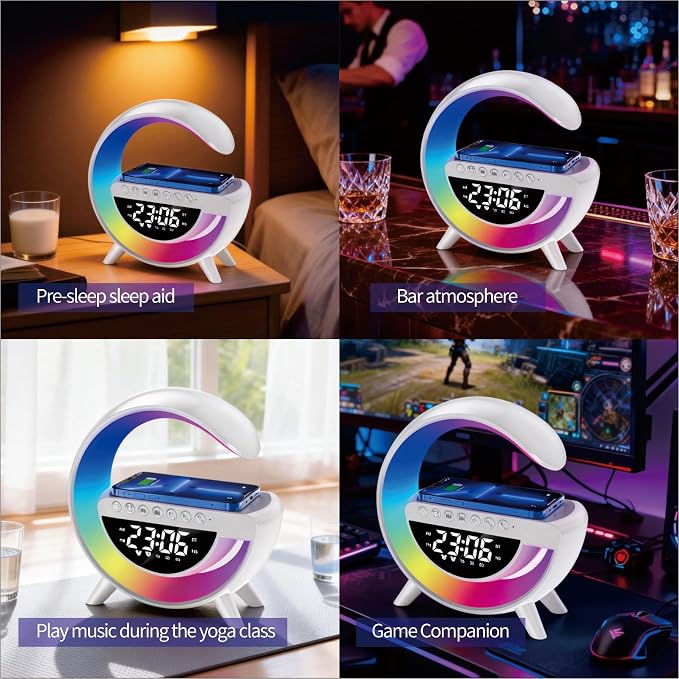 15w Wireless Charging Ambient Light Bluetooth Speaker Alarm Clock Multifunctional G-Type Colorful Bedroom Light Desktop Creative Ornament