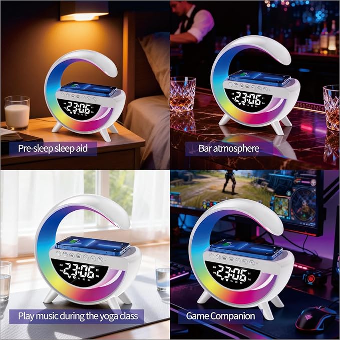 Wireless Charging Table Lamp Multifunctional Bluetooth Speaker & Alarm Clock - LED Bedside Desk Lamp Night Light for Heavy Sleepers, Superfine Bedroom Home Decoration (White)