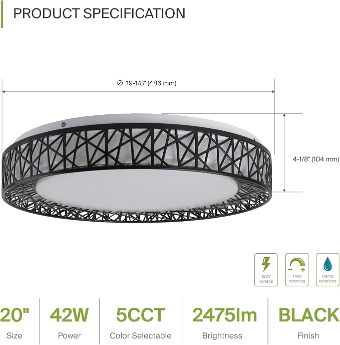 ASD 20 Inch LED Flush Mount Ceiling Light Fixture for Bedroom, 42W 2475LM 5CCT 2700K-5000K, Triac Dimmable Lights, Dining, Living Room, Kitchen Lamps, Modern Home Lighting Fixtures, Black, ETL, 2 Pack