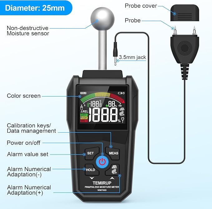 2-in-1 Pin & Pinless Moisture Meter, Digital Moisture Detector for Wood, Drywall & Building Materials, Large Color LCD Display, Acoustic Alarm, Calibration, Detects up to 20-40 mm Below Surface