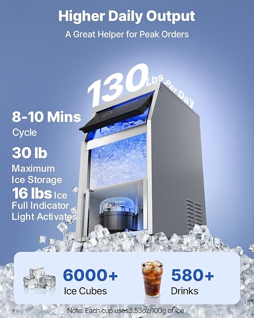 VEVOR Commercial Ice Maker Machine, 130 lbs/24h with 16-30 lbs Storage Capacity, Built-in/Freestanding/Under Counter, Stainless Steel Ice Maker with LED Display & Self-Cleaning, Home Bar Restaurant