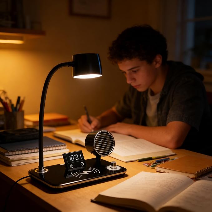 LED Desk Lamp for Home Office, 4-in-1 Modern Desk Light with 15W Wireless Charger, Bluetooth Speaker & Digital Clock, 3 Color Modes Eye-Caring Study Reading Lamp, Flexible Gooseneck, Black