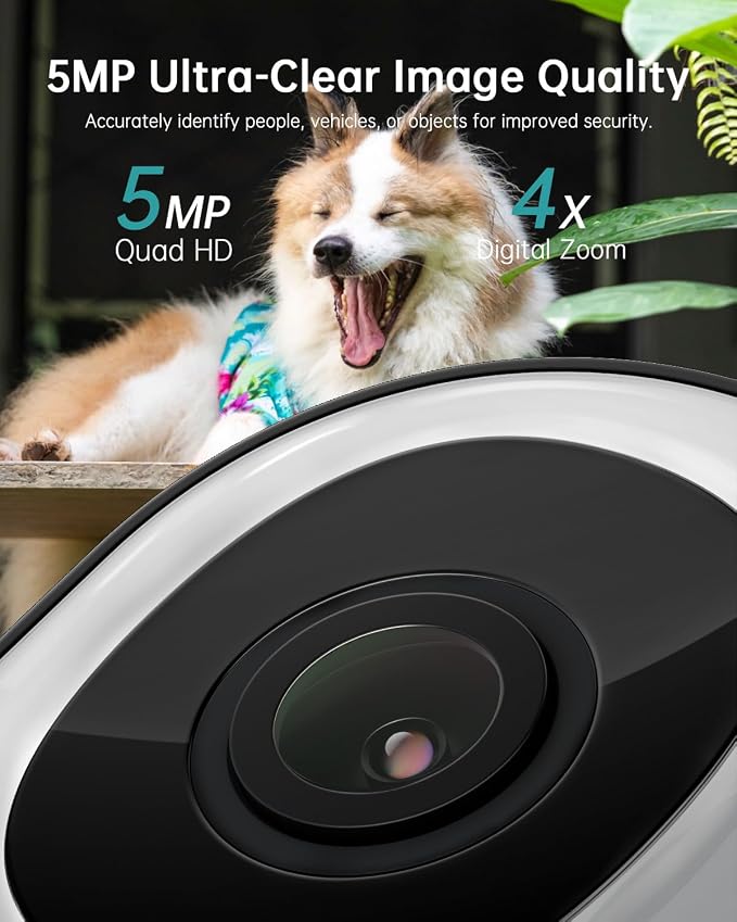 ZUMIMALL 2.5K Wired cameras for home security, 2.4G/5G WiFi Outdoor Security Camera, 5MP, 24/7 Recording, AI Motion Detection, Cloud & SD Card Storage, 2-Way Audio, 360° PTZ Auto Tracking, IP66, Black
