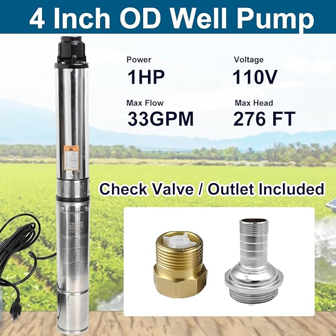 4" Deep Well Submersible Pump, 1 HP, 110V, 60 Hz, 33 GPM, 276FT Max Head, Stainless Steel Well Pump with Check Valve & 100 Feet Long Electric Cord,M#07
