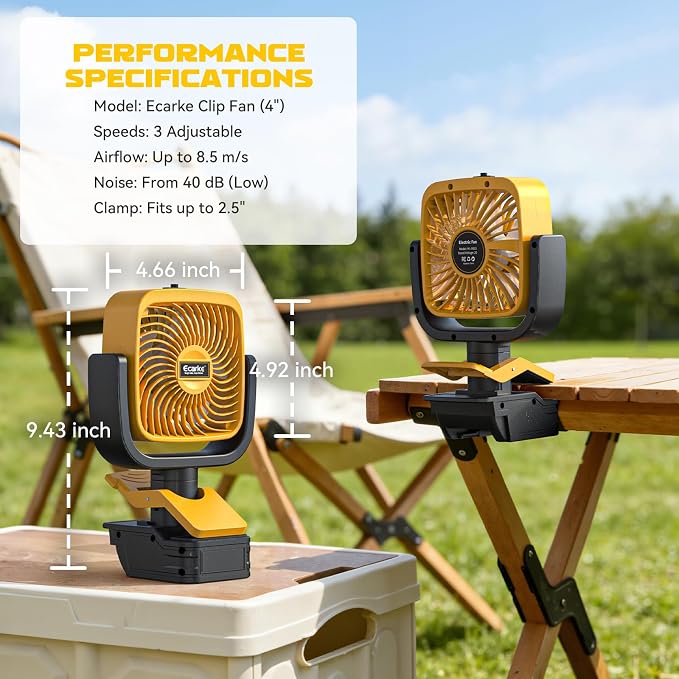 Ecarke 4" Clip Fan Compatible with Dewalt 20V Battery (Tool Only) 3-Speed Cordless Clip-On Fan with 360° Rotation Low Noise Portable Desk/Bed Fan for Camping Jobsite Tent Fishing