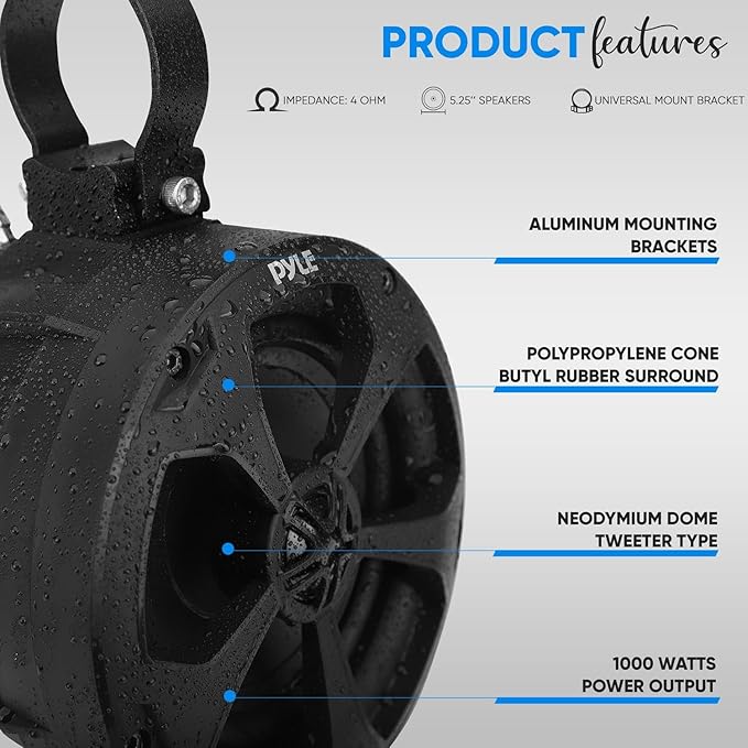 2-Way Dual Waterproof Off-Road Speakers - 5.25 Inch 1000W Marine Grade Wake Tower Speakers System, Full Range Outdoor Audio Stereo Speaker for ATV, UTV, Quad, Jeep, Boat - Pyle PLUTV51BK