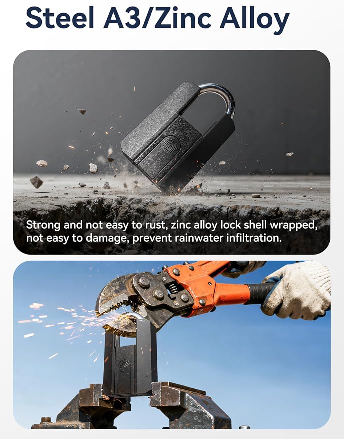 NexusLab Fingerprint Padlock, Heavy-Duty Outdoor IP67 Waterproof, 3-Way Unlock (Fingerprint/App/2 Keys), Bluetooth App Control & Logs, USB-C Charging, Stores 50 Prints, for Gate Shed Fence Storage
