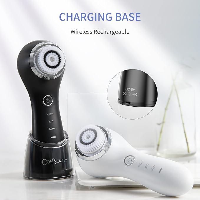 COSBEAUTY Face Scrubber Exfoliator Sonic Facial Cleansing Brush with 5 Interchangeable Brush Head,Face Brush Cleanser for Men IPX7 Waterproof,Wireless Rechargeable for Massaging,Deep Cleansing(Black)