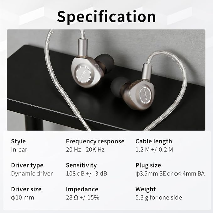 Delci AE Hi-Fi IEMs, 10mm DLC+PU Dynamic Driver in-Ear Monitors with Interchangeable Tuning Nozzles, CNC Aluminum Wired Earphones, Detachable Hybrid 164-Core Silver-Plated Cabl (Silver, 4.4mm)