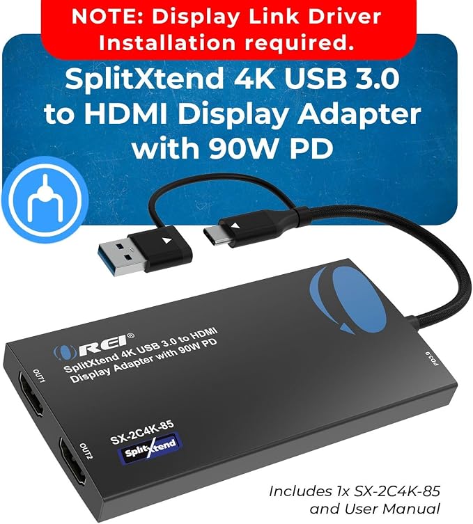 OREI SplitExtend 4K HDMI Splitter Extended Display for Dual Monitor - Multi-Monitor Display 3 Separate Screens - USB A & USB-C Adapter to HDMI 2.0, 4K@60hz, 90W PD Charger, DisplayLink MacOS, Windows