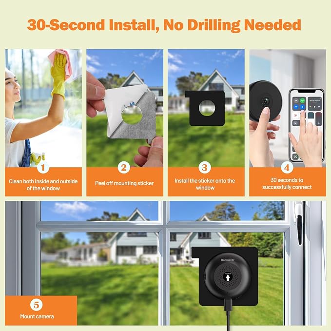 2 Pack No-Drill Window Camera, 5GHz & 2.4GHz WiFi 2K Outdoor Monitoring Thru Glass, Anti-Glare Full Color Night Vision, Window Mounted Security Camera for Home Security, Works with Alexa