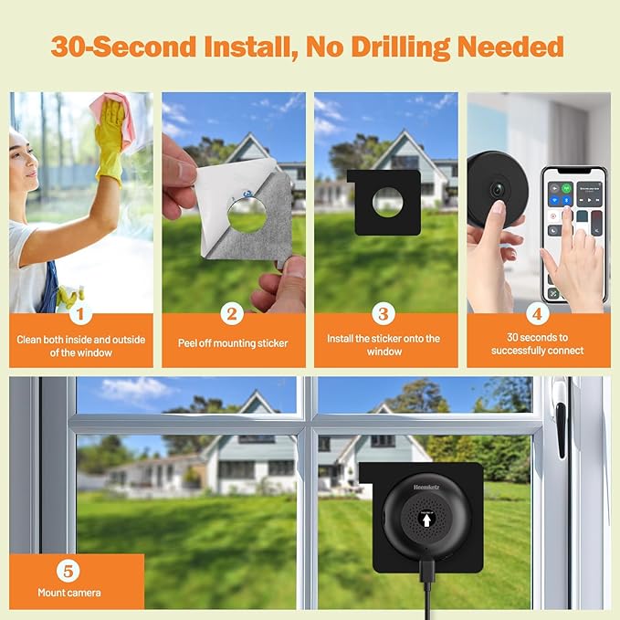 2K 5GHz/2.4GHz WiFi Dome Window Camera, No-Drill Mount Wireless Surveillance Camera for Indoor Outdoor Monitoring, Color Night Vision, Human Detection, 24/7 Recording, Ideal for Apartment, 2Pack