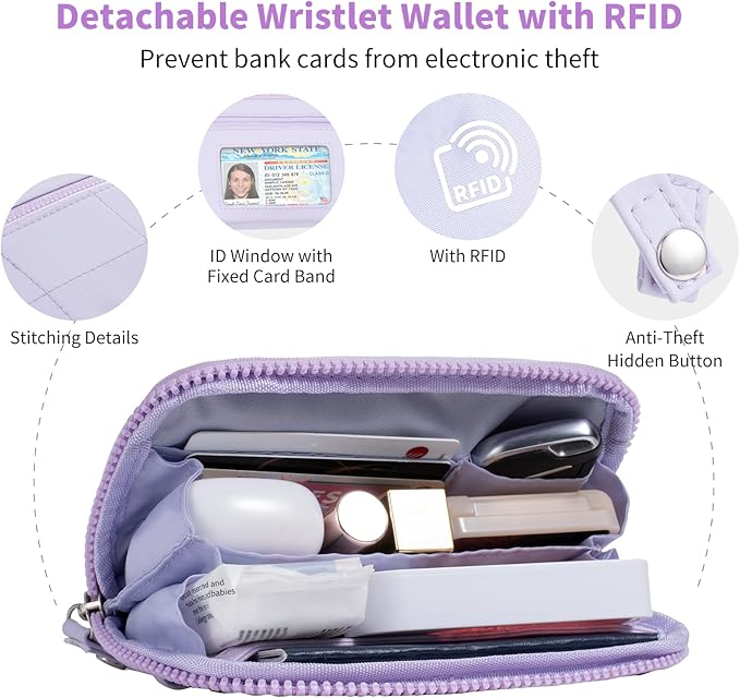 Tiostep Clip and Go Strap for Phone with Wallet Crossbody Phone Lanyard with Anti-Theft Zipper Pouch Detachable Quilted Wrist Wallet with RFID and ID Window for Daily Travel.