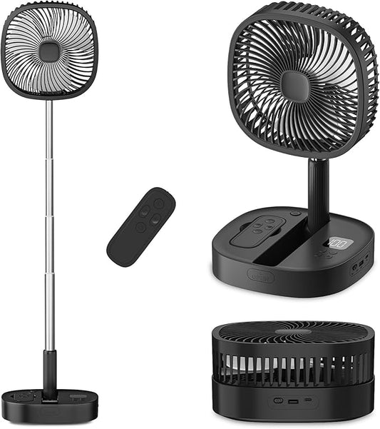 Portable Oscillating Pedestal Fan with Romote, 4 Speed 120° Telescopic Rotation Foldable Standing Collapsible Fans, 7200Mah Rechargeable, Quiet Timer DeskFan for Travel Outdoor Home, Black