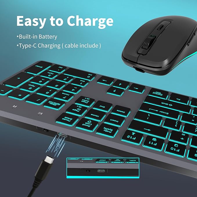 Quiet Wireless Keyboard and Mouse Backlit, Rechargeable Silent Flat Keyboard Mouse Combo, Jiggle Mouse, 2.4GHz Cordless Slim Keyboard Mouse for Mac, Windows, PC Computer, Laptop, Desktop (Space Gray)