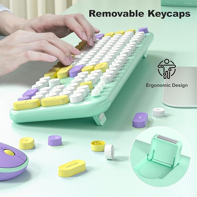 MOFII Wireless Keyboard and Mouse Combo, Full-Size Retro Typewriter-Style Wireless Keyboard with Optical Mouse for Computer/Laptop/Windows/Mac (Mint Colorful)