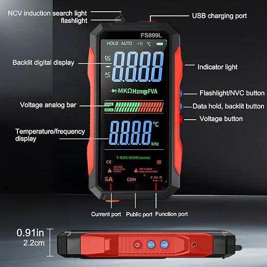 FS899L Digital Multimeter with Color Screen, USB C Rechargeable Electrical Testing, 6000 Counts True RMS AC/DC Voltage Tester, NCV, Capacitance, Non Voltage Detector for Car, Home(FS899L)