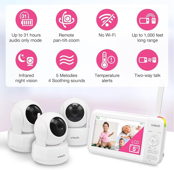 VTech Baby Monitor No WiFi, 3 Cameras White – Monitor Three Rooms, Remote Pan-Tilt-Zoom, Hack-Proof, 5" Screen, 17Hr Battery, 1000ft Range, Night Vision, Temperature Sensor | 924-3W