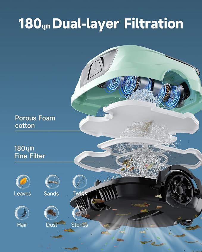 2026 Cordless Robotic Pool Vacuum for Above Ground Pools, Automatic Pool Cleaner Featuring Powerful Suction, LED Status Light & Dual‑Layer Filters, 2.5‑Hour Rapid Charging, Self‑Parking.Green