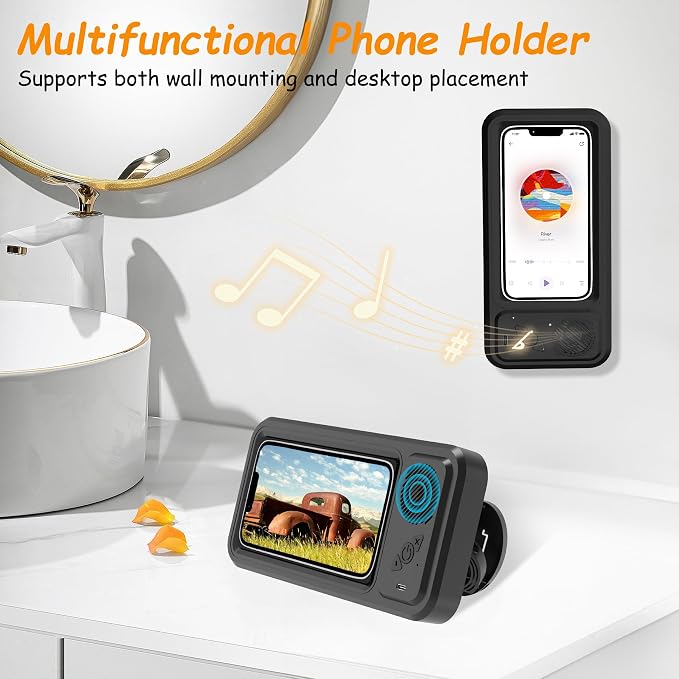 Shower Phone Holder with Wireless Bluetooth Speaker , 480° Rotation Retractable Adjustable Shower Case for iphone ,Bathroom Wall Phone Mount Stand WaterProof Anti Fog,Compatible with All 4-7"Cellphone