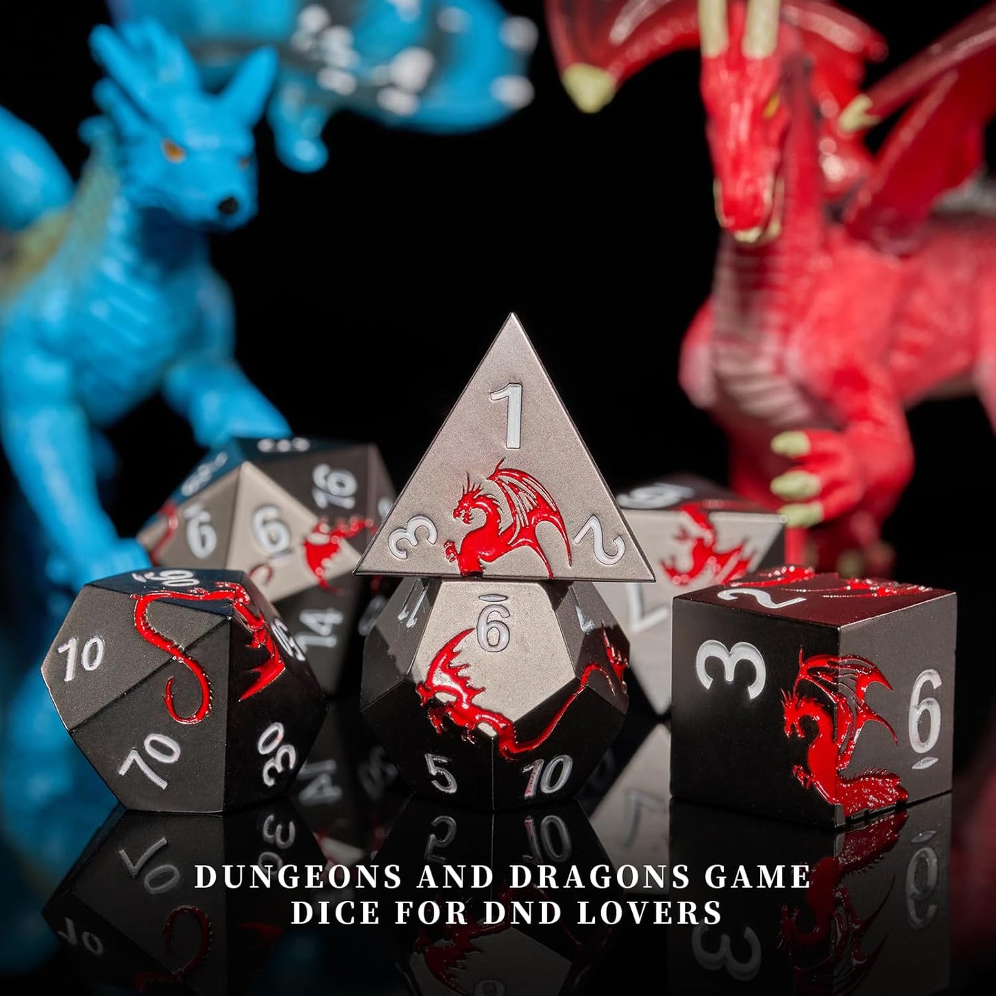 Metal DND Dice Set Dragon D&D Dice for D&D Dungeons and Dragons Gift TTRPG Metal Dice with Dragon Dice Box(Black Red Dragon)