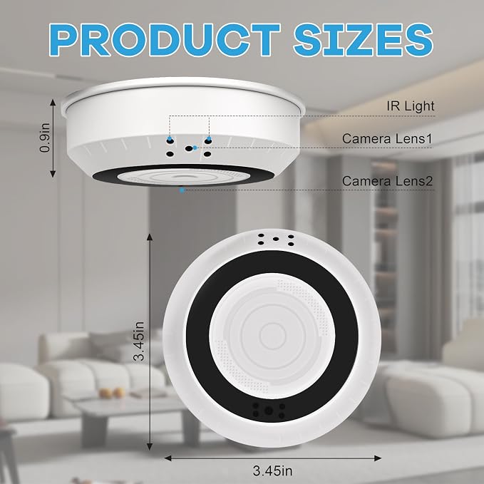 1080P HD Indoor Security Camera, Dual Lens 2×120° Wide Angle, 5GHz WiFi Camera, 8-Hour Battery, Motion Detection, Ceiling Wall Mount Design