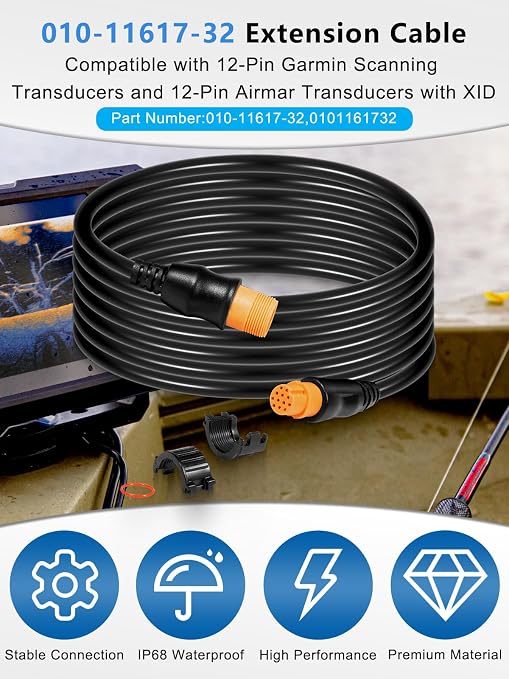 Replacement for Garmin 010-11617-32 Extension Cable 12-Pin, Compatible with 12-Pin Garmin Scanning Transducers, 12-Pin Airmar Transducers with XID, ECHOMAP, STRIKER, LiveScope, GPSMAP Series (10 Feet)