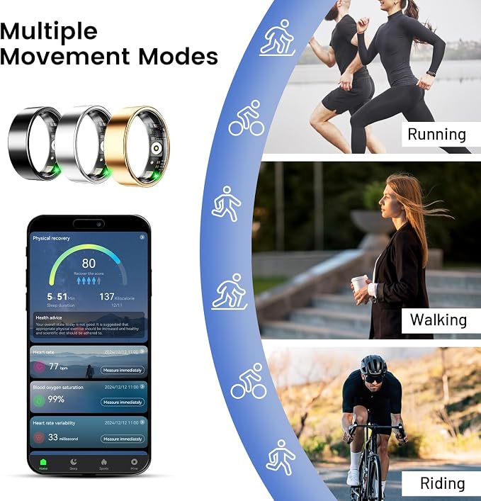 Mirlray Smart Ring for Women & Men, Smart Ring Health Tracker, Blood Oxygen & Heart Rate Monitor, Long Lasting Battery Sleep Ring, Waterproof Fitness Ring (Black, 10)