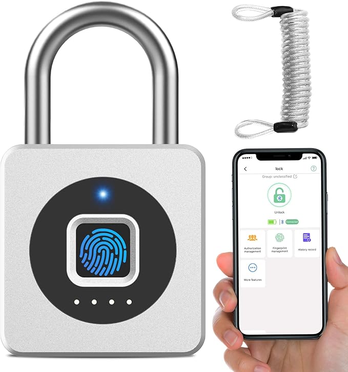eLinkSmart Fingerprint Gym Locker Lock, Keyless Biometric Padlock, Weatherproof Electronic Digital Smart Combination Pad Lock for Outdoor Fence Gate Storage Helmet Ski Pool Shed (Silver, with Cable)