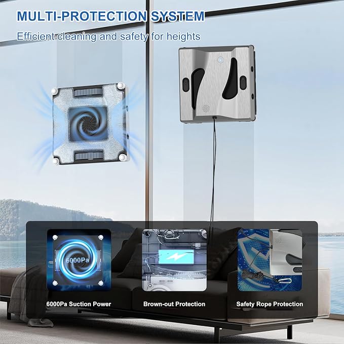 6000Pa Window Cleaning Robot High Suction Power Window Cleaner Robot with 4 Water Spray Intelligent Cleaning Perfect for High-Rise Windows, Glass Doors and Tiles