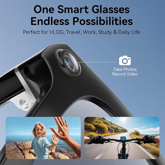 Smart Glasses with Camera, 1080P Video Recording Glasses for Life | 165 Languages Real Time Translation, AI Voice Assistant, Open-Ear Audio,Sunglasses with Color-Changing Clear&Green Lenses