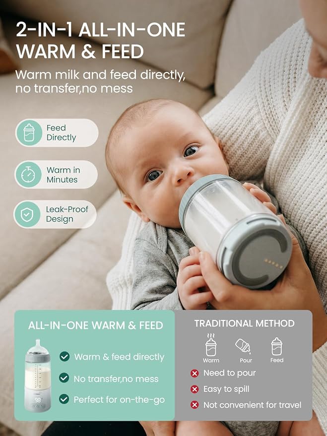 Grownsy Detachable Portable Bottle Warmer for Travel, All-in-One BPA-Free Shatterproof Non-Glass Milk Warmer with Nipple, Dual Heating Modes for Breastmilk & Formula, Fast Heating & Long Battery Life