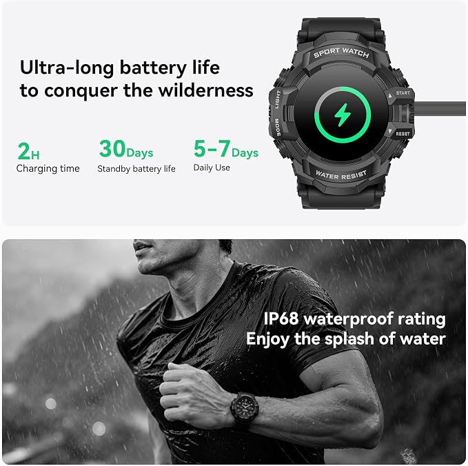 MIDDOW Military Smart Watch with Flashlight (Answer/Make Call) Compass, Heart Rate/Sleep/Sports Tracker, IP68 Waterproof, Long Battery Life, HD Screen, Android & iOS (Black)