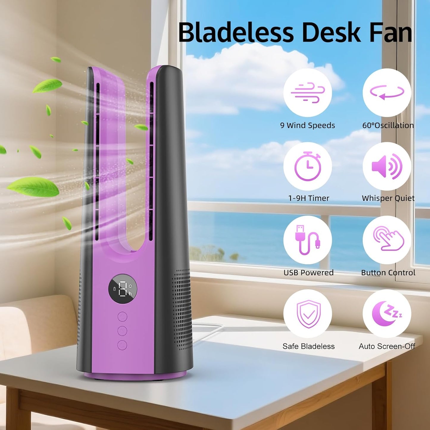 Desk Fan, 13 Inch Portable Bladeless Fan, Small Quiet Table Fan with 60°Oscillating, 9 Speeds & 9H Timer, LED Display, Button Control, Easy to Clean, Personal Desktop Fan for Bedroom, Office